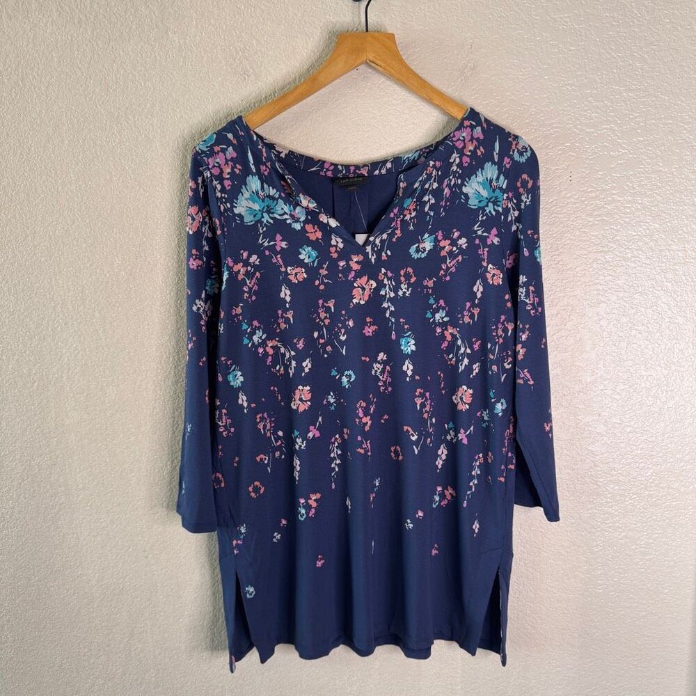 NWT J Jill Wearever Tunic Top Navy Blue Artsy Floral Small 3/4 Sleeve New
